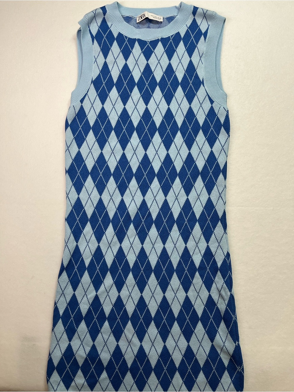 Zara Women’s Light Blue & Royal Blue Argyle Sleeveless Knit Dress